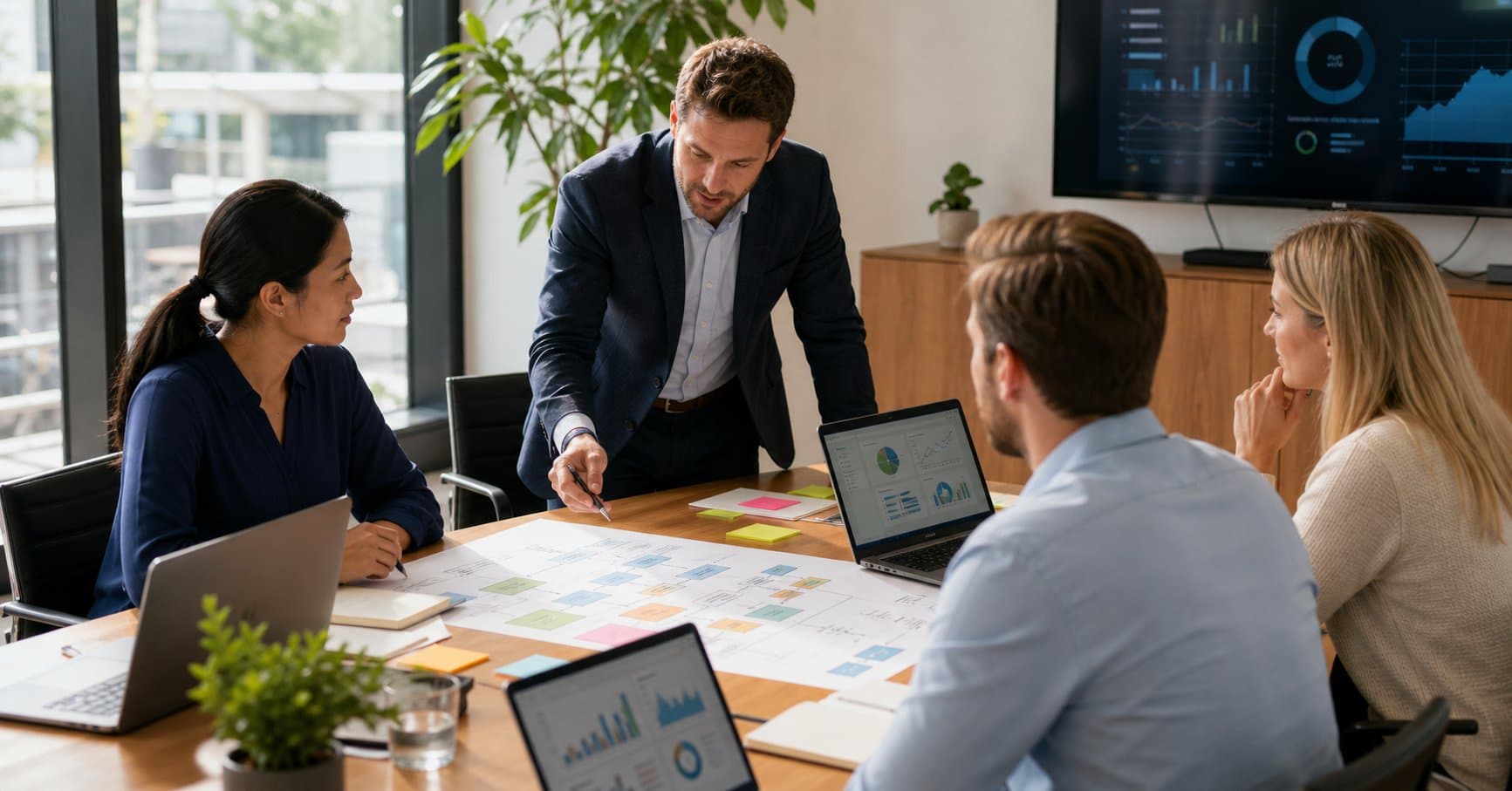 Equipo reunido planificando una estrategia empresarial