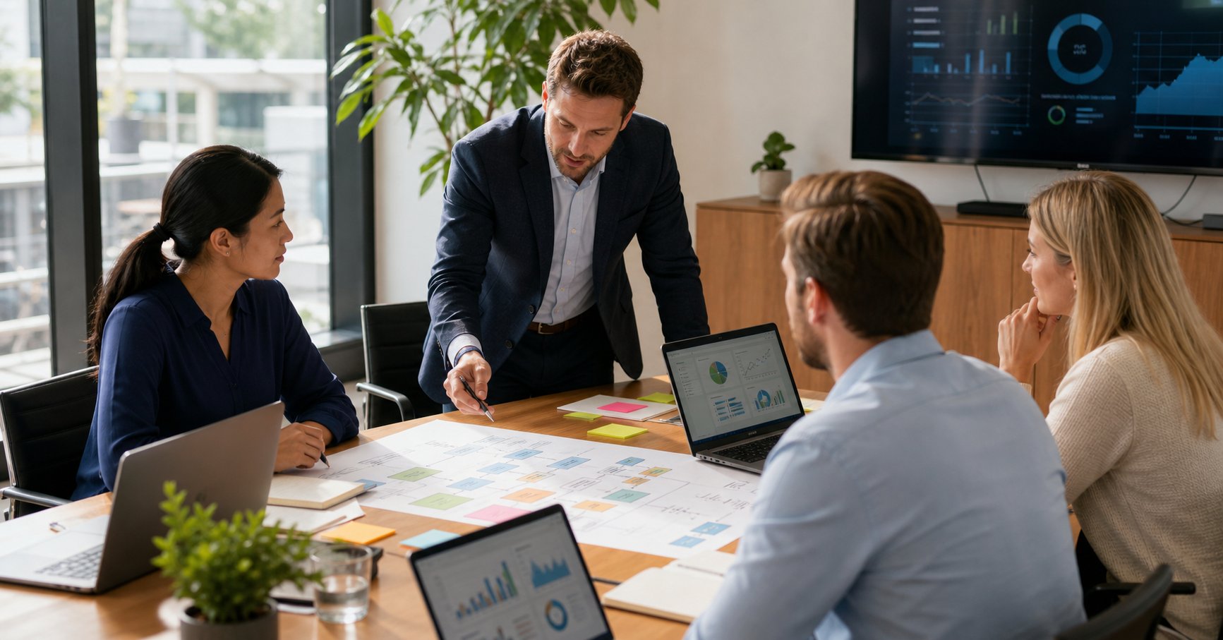 Equipo reunido planificando una estrategia empresarial